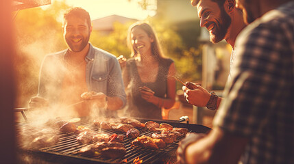 friends grilling food on an outdoor grill, sharing happy time together - obrazy, fototapety, plakaty