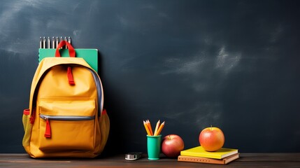 back to school concept with erased chalkboard and essential supplies