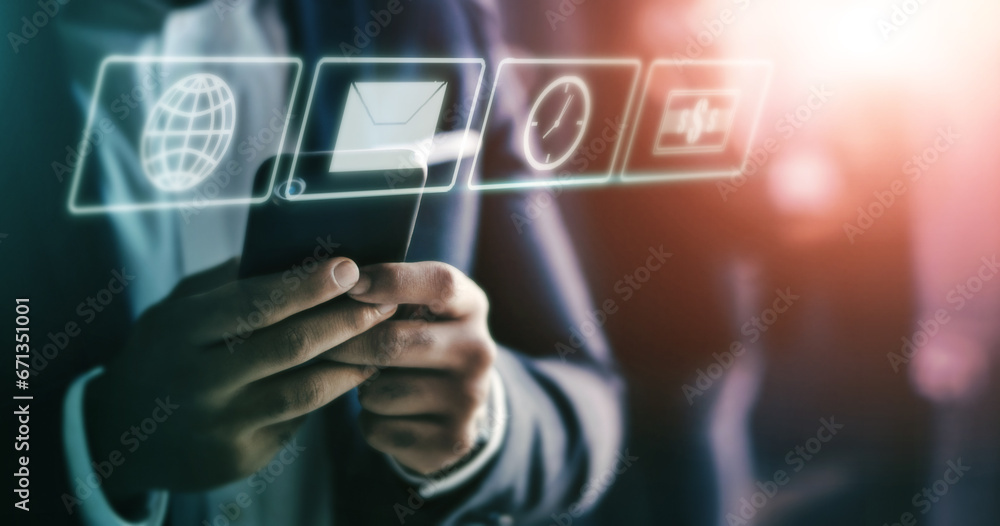 Aufkleber business man, phone in hands and app, technology abstract with hologram, communication and 3d. digit