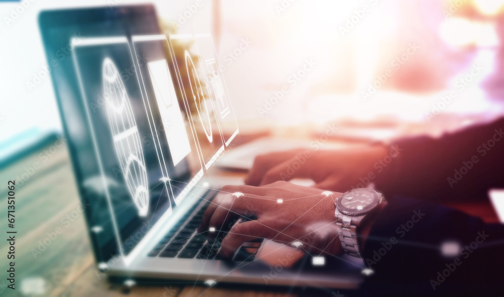 Aufkleber Computer overlay business man and hands typing with digital software graphic of web application. Global stock market, database research and laptop of a finance worker busy with trading database