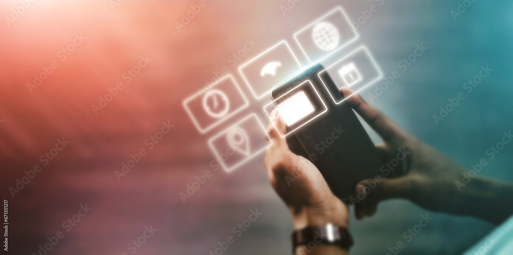 Poster business man, app icons and technology abstract with hologram, communication and 3d, chat and email 