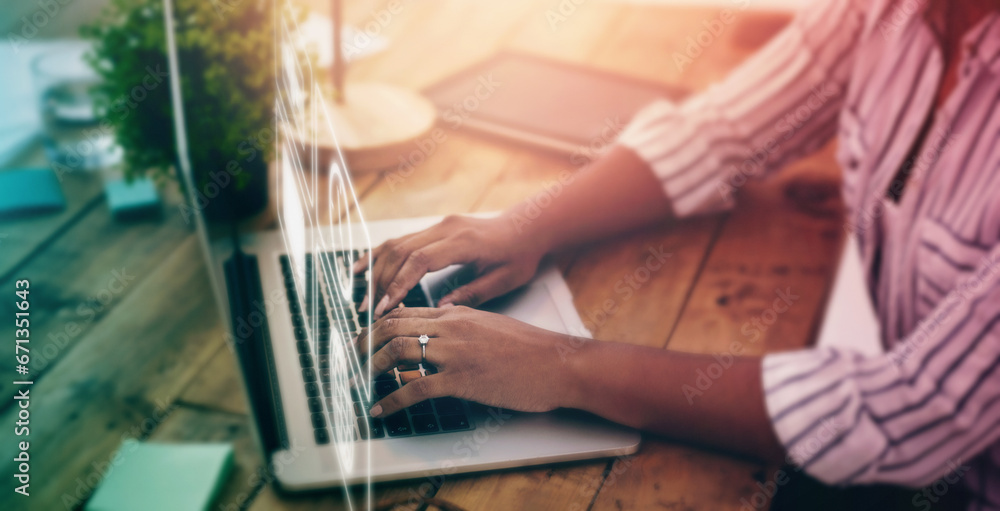Fototapete Computer overlay, software hologram and woman hands typing with web design technology. Website, futuristic online app and digital transformation of a it employee working on ux database and iot