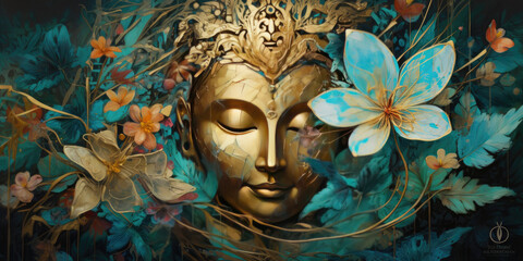glowing 3d golden buddha and Abstract gold painted oil decorated with flowers - obrazy, fototapety, plakaty
