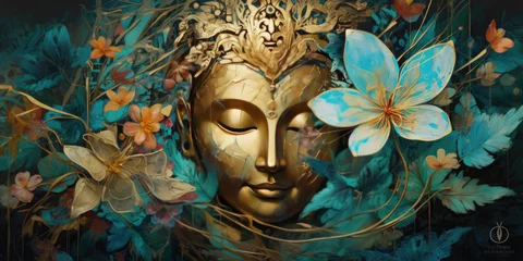 Rolgordijnen glowing 3d golden buddha and Abstract gold painted oil decorated with flowers © Kien