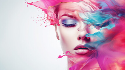 Beautiful female face with abstract colorful powder