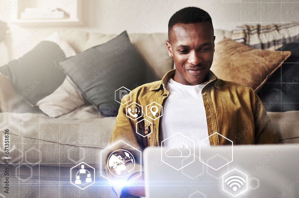 Poster Digital app overlay. computer infographics and black man working in a living room. Online software hologram, cloud computing and information technology of a remote worker doing web research at home