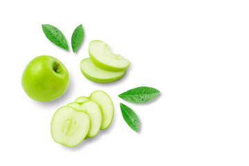 Green apple with sliced and green leaves isolated on white background. fruit concept.
