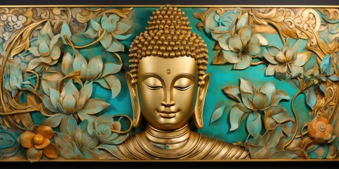 Rolgordijnen glowing 3d golden buddha and Abstract gold painted oil decorated with flowers © Kien
