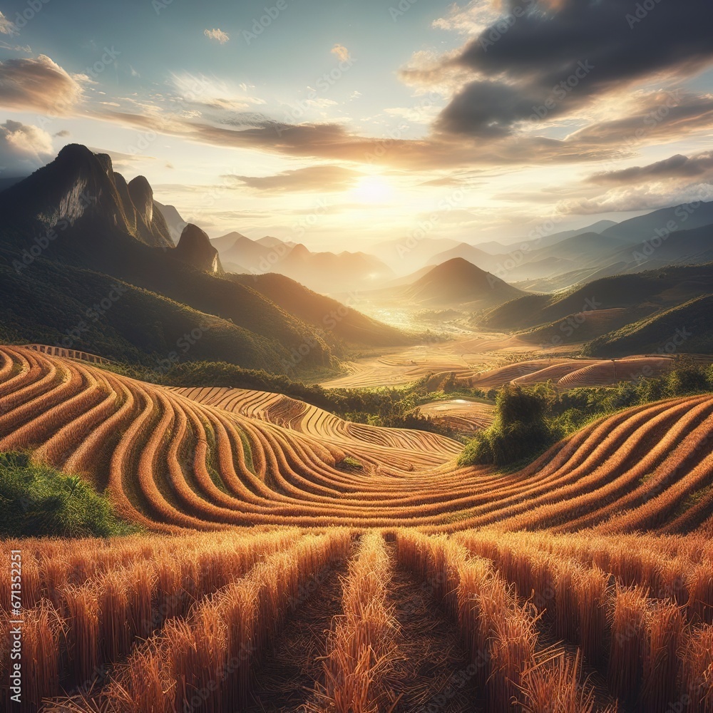 Wall mural Sunset over field of wheat digital concept illustration with mountains environment landscape