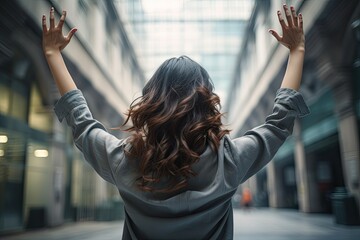 Rear view of young business woman with hands up in the city, Young woman stretching by hands up in the air, rear side view, no face revealed, no deformation, AI Generated - Powered by Adobe