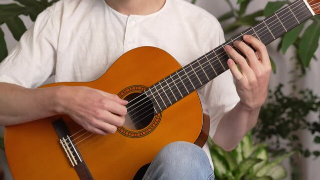 Musician Playing Classical Acoustic Guitar Using Fingers on Strings and Fretboard