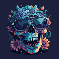 Fototapeta premium Elevate your wardrobe with this vibrant t-shirt design, featuring a multi-colored skull with sunglasses and surrounded by colorful flowers, laughing in joy and radiating positivity.