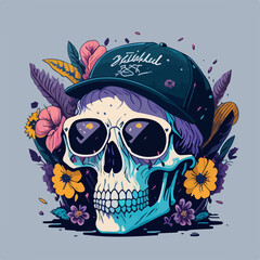 Vintage cool a white skull wearing a baseball cap and sunglasses with floral accents in a unique t-shirt design.