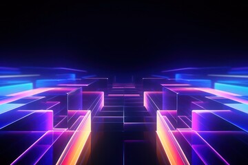 Colorful prisms emitting neon lights amidst darkness. Abstract symmetry futuristic background