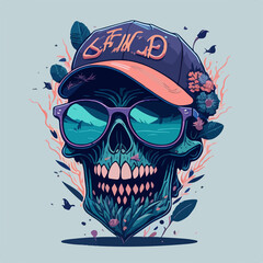 Unleash your inner rap star with this elegant t-shirt design featuring a dead skull wearing sunglasses and surrounded by colorful flowers.
