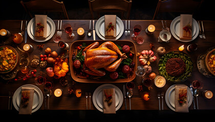 Thanksgiving dinner table set up with roast turkey