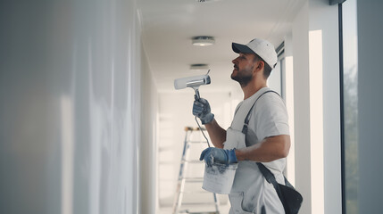 Painter work with white wall using paint roller, renovating with white color paint