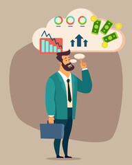 Businessman thinking about profit and business growth. Business diagrams, analytics, money. Vector illustration. Startup, new project, finance concept