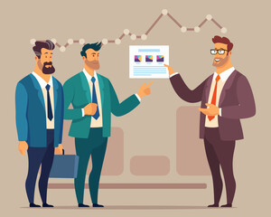 Businessman in glasses and suit presenting business project to his partners. Flat vector illustration. Partnership, business, agreements, negotiation concept