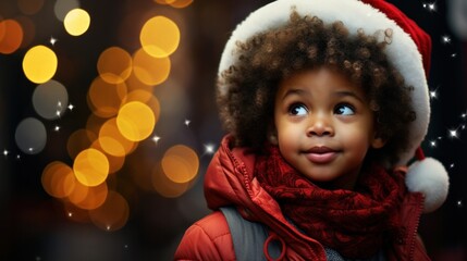 Fototapeta na wymiar Curly-haired child in red winter attire with a Santa hat, looking up with twinkling lights in the background.