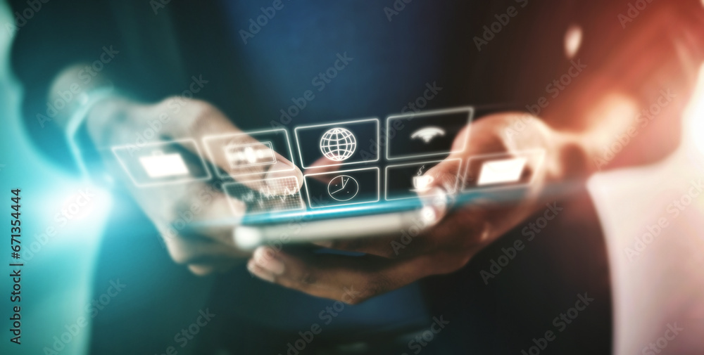 Poster business man, app for phone and technology abstract with hologram, communication and 3d, chat and em