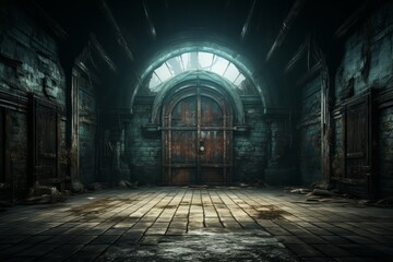 Abandoned asylum door ajar, offering a glimpse of a spooky, decaying room with a haunting atmosphere, Generative AI - obrazy, fototapety, plakaty