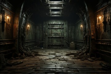Abandoned asylum door ajar, offering a glimpse of a spooky, decaying room with a haunting atmosphere, Generative AI