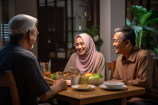 Happy muslim family talking while having a meal at dining table