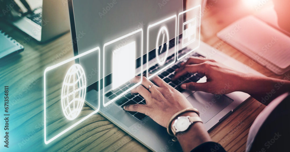 Poster Laptop icons, overlay and woman hands for networking app, email communication and digital time management. Worker typing on business computer with ui design. 3d hologram and internet productivity