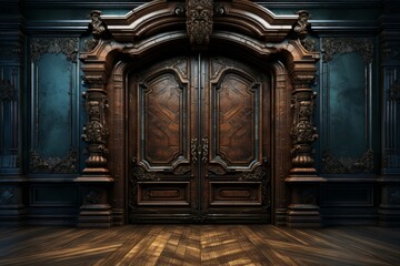 Elegant wooden door opened to reveal a mysterious and dark room, Generative AI - obrazy, fototapety, plakaty