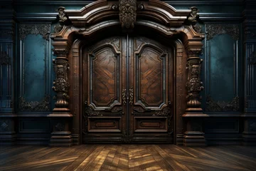 Fotobehang Elegant wooden door opened to reveal a mysterious and dark room, Generative AI © Box Milk