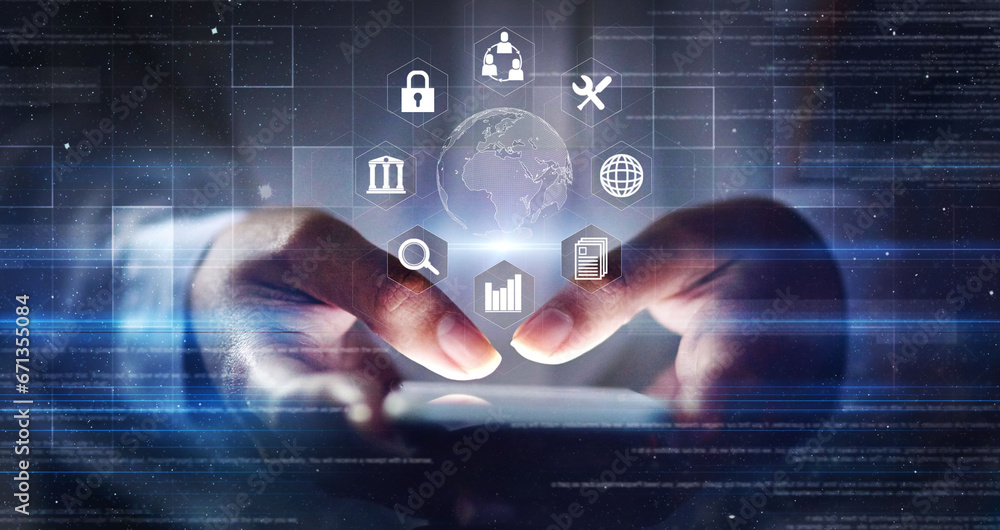 Poster Hands, phone and digital transformation with icons for global communication or networking at night. Hand of person on futuristic smartphone hologram in big data, innovation or cloud computing and IoT