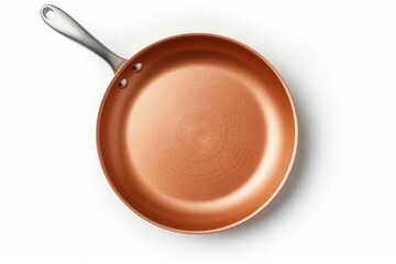 Empty copper frying pan on the kitchen. Top view - obrazy, fototapety, plakaty