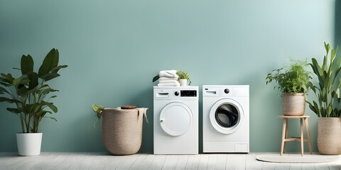 Washing machine and laundry basket. Modern minimalist interior on empty blue sky pastel color wall...