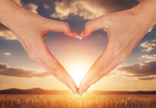 Female hands do heart shapes on sunny nature background, AI generated image