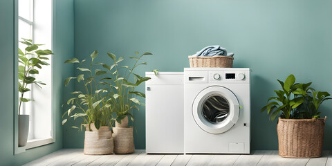 Washing machine and laundry basket. Modern minimalist interior on empty blue sky pastel color wall background.