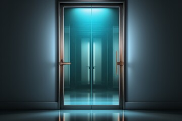 Modern glass door ajar, offering a glimpse into a dimly lit room with a sense of intrigue, Generative AI
