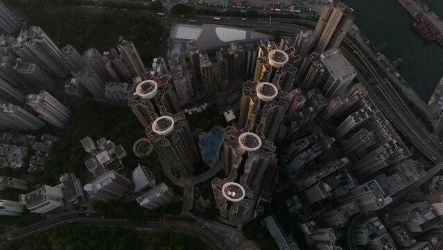 Residential High Rise Buildings in Dense Urban Development, With Pool, The Belcher's, Sai Wan, Hong Kong Island, Cinematic Top Down Aerial