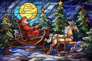 Illustration in stained glass style with Santa Claus on a sleigh pulled by a Christmas tree