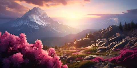 sunrise in the a mountain landscape with a  pink flowers.,sunrise, mountain landscape, pink flowers, mountain range, dawn,Sunrise Amidst Pink Wildflowers in the Mountains - obrazy, fototapety, plakaty