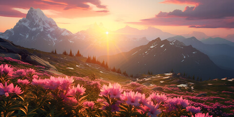 The sun is rising over the mountains and flowers,sunrise, mountains, flowers, mountain landscape,Sunrise Over Mountain Wildflowers - obrazy, fototapety, plakaty