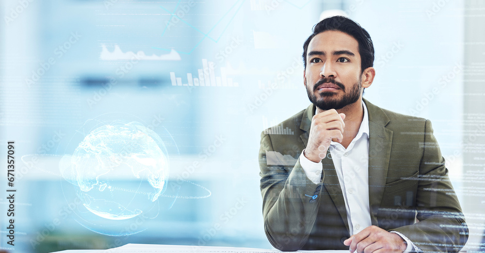 Poster World, thinking and overlay with a business man using ux interface for global data analysis. Metaverse, ai or 3d hologram searching a vr database for finance network, stock market or trading