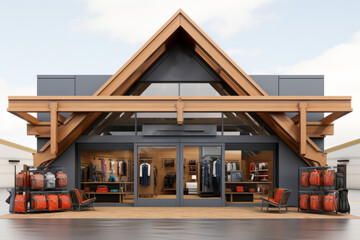 Outdoor gear store entrance displaying a blank store sign, offering a space for your adventure-focused brand logo, Generative AI