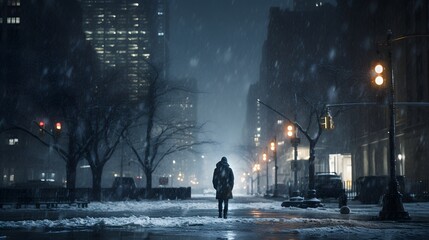 Solitary Figure Amidst Manhattan Snowfall: An Enchanting Evening - obrazy, fototapety, plakaty