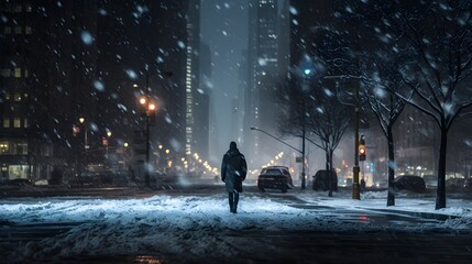 Solitary Figure Amidst Manhattan Snowfall: An Enchanting Evening