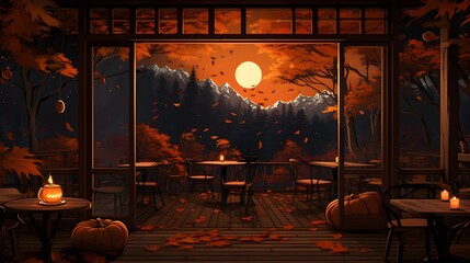 anime autumn night cafe background