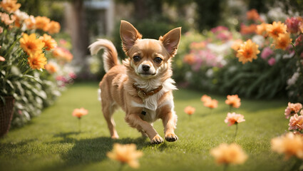 A dainty, caramel-colored Chihuahua trotting along a lush, manicured lawn, surrounded with flowers.