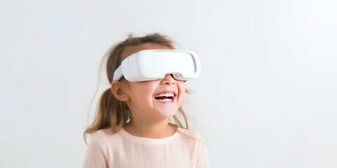 Portrait of happy little girl wearing virtual reality glasses isolated on white background with copy space. Banner template of smiling girl in white VR goggle