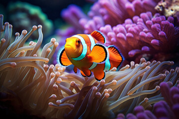 Naklejka na ściany i meble A colorful underwater ballet Clownfish navigating the vibrant coral reef tapestry