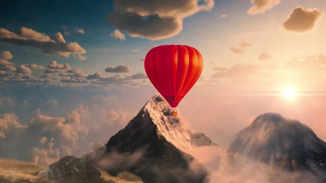 Red hot air balloon in blue sky with white clouds and mountains on sunset